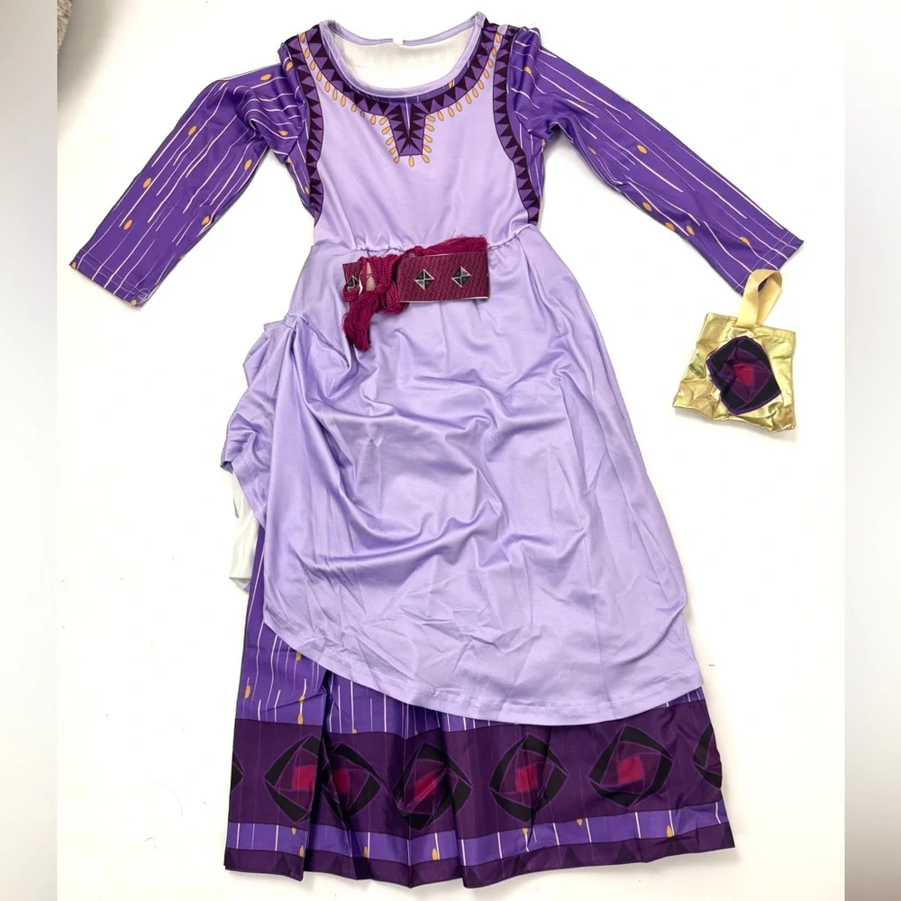 Wish Princess Asha Costume Dress Up Long Sleeve Purple Dress with Belt and Bag